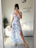 2026 New Summer Women White Blue Floral Midi Dress, Square Neck Drawstring Puff Sleeve High Slit Flowy Maxi Dress French Vacation Long Dress