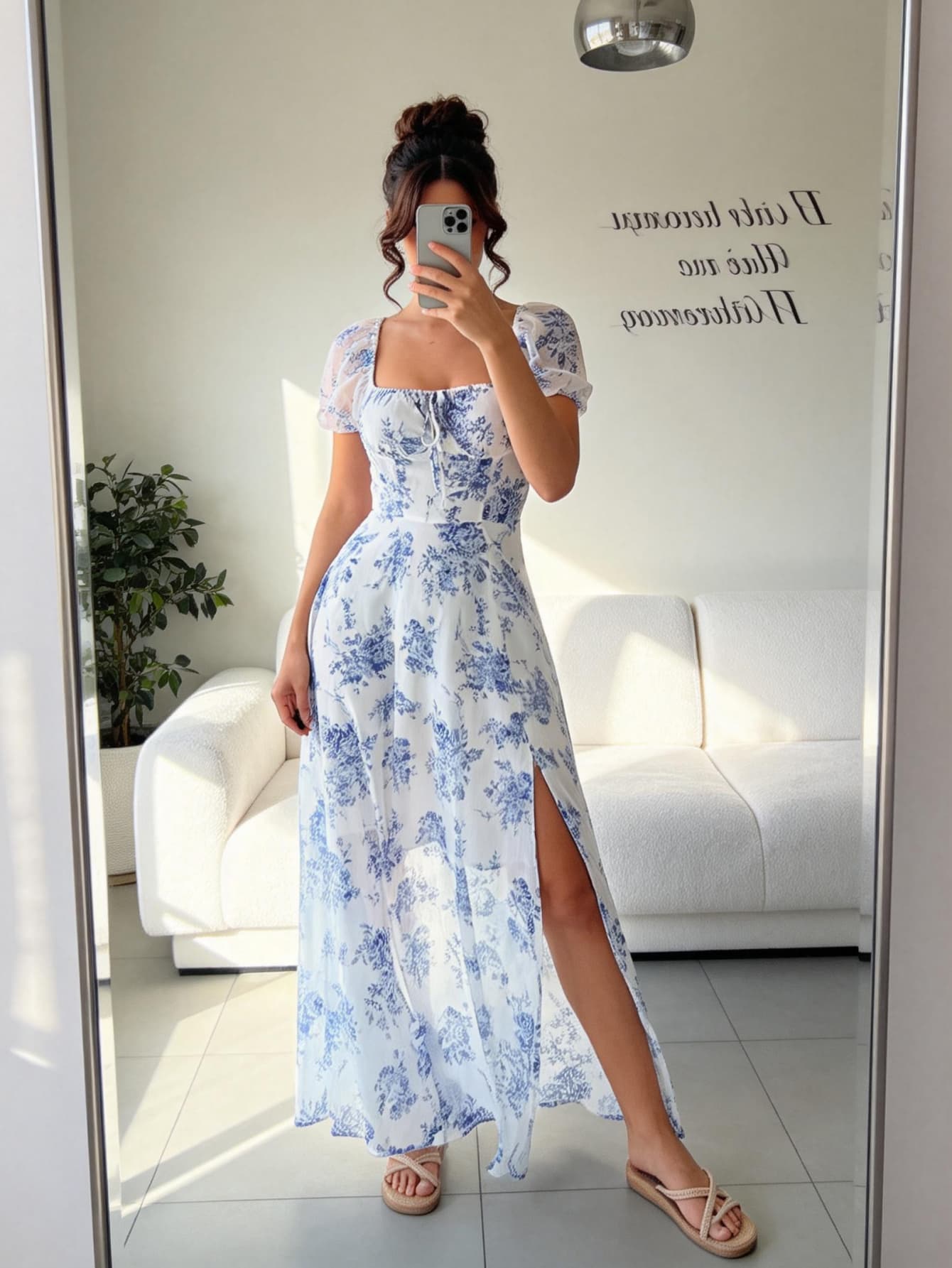 2026 New Summer Women White Blue Floral Midi Dress, Square Neck Drawstring Puff Sleeve High Slit Flowy Maxi Dress French Vacation Long Dress