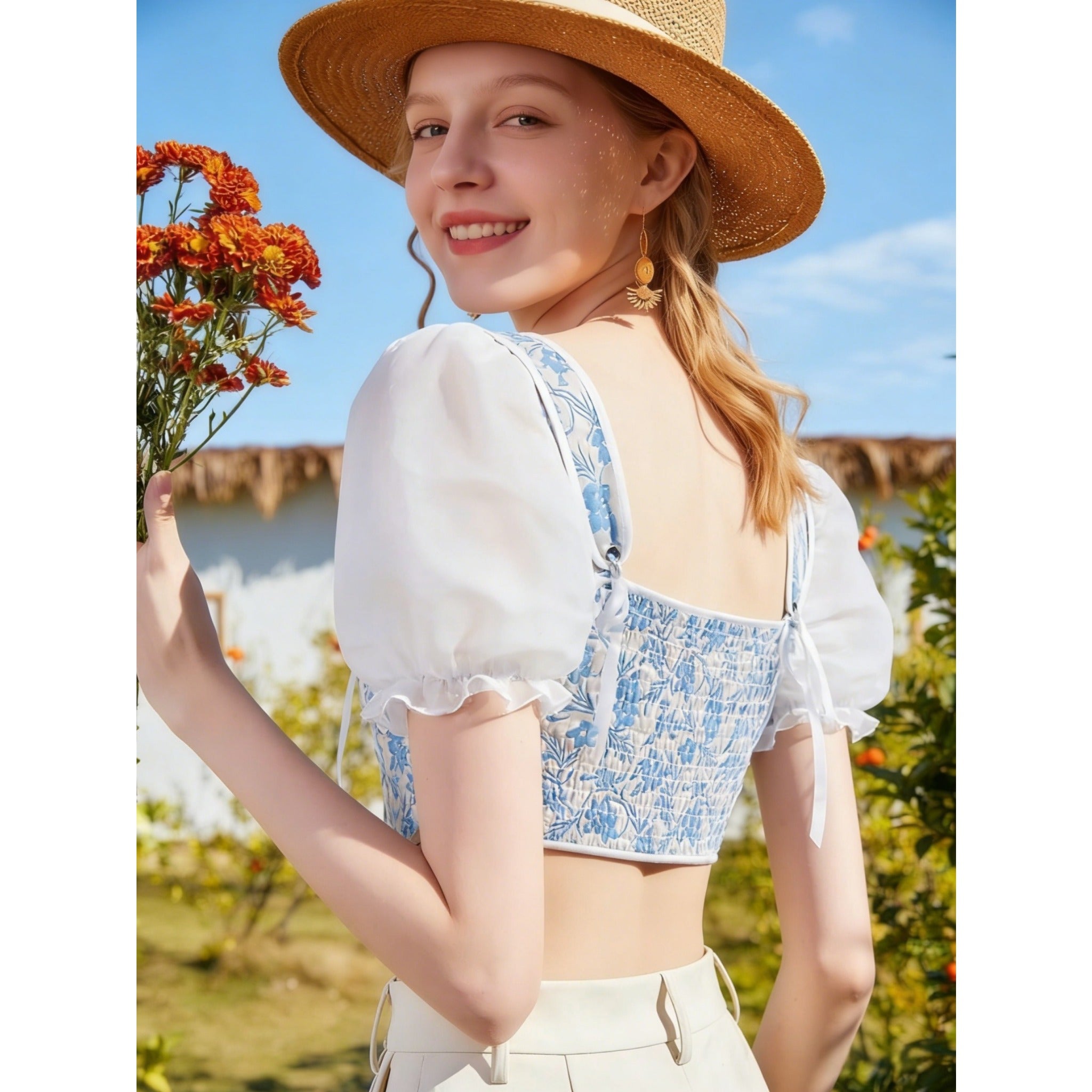 2026 New Summer Women Blue White Floral Square Neck Puff Sleeve Top, Pastoral Tie Waist Short Fishbone Corset, Sweet Girl Blouse For Inner & Outer Wear