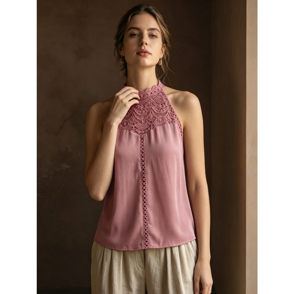 Soft Gentle Women Lace Patch Halter Sleeveless Top, Slim Blouse For Daily Commute Travel Party