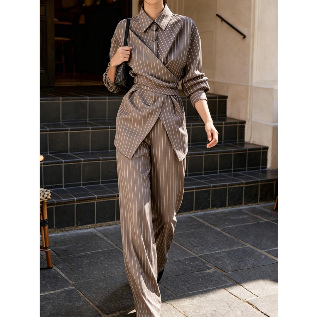 New Women Camel Striped Two Piece Outfit, Cross V Neck Lace Up Waist Blouse & High Waist Wide Leg Trousers, Elegant Commuter Suit