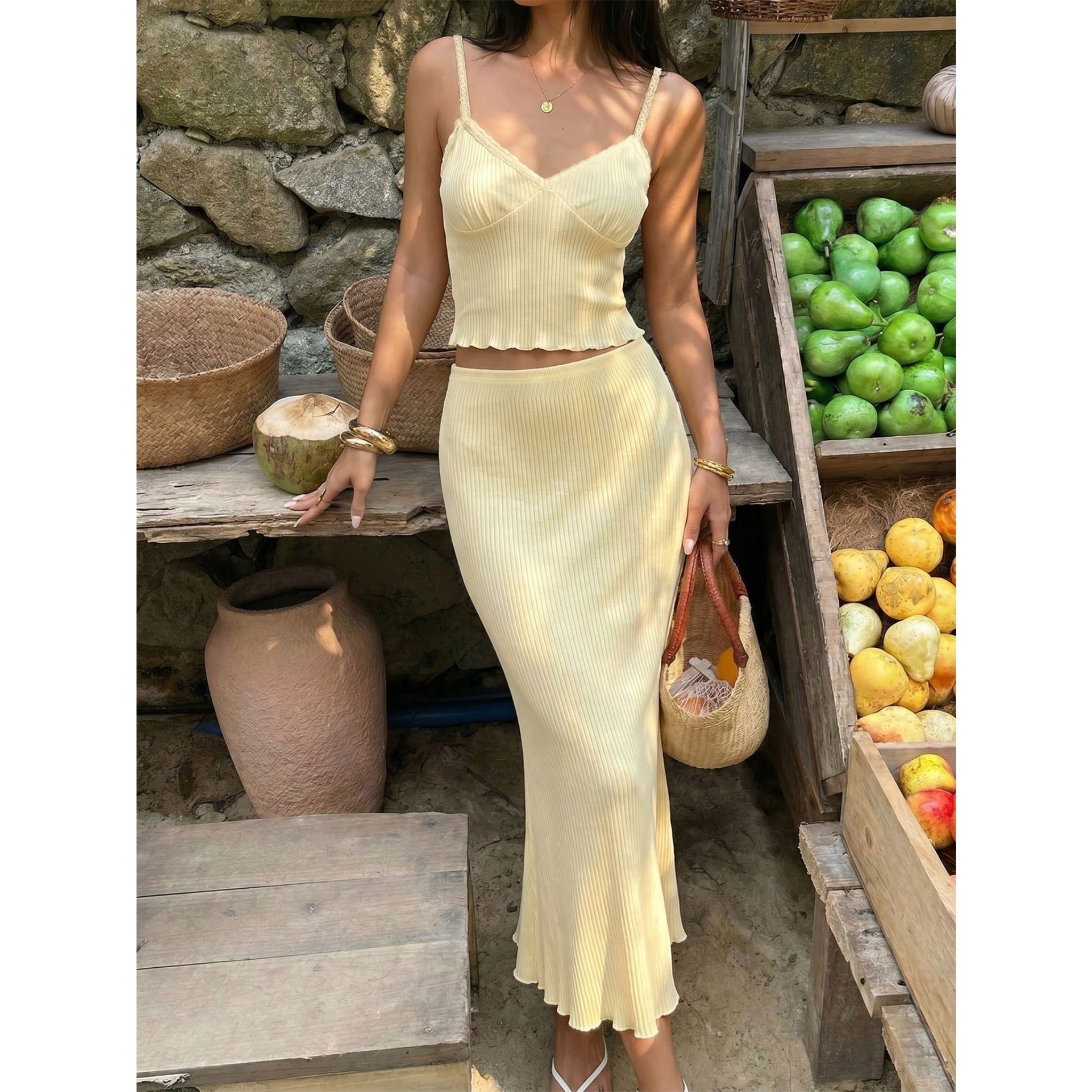 Soft Pure Desire Women 2 Piece Outfit, Solid Cami Slim Matching Set For Daily Commute Travel Party