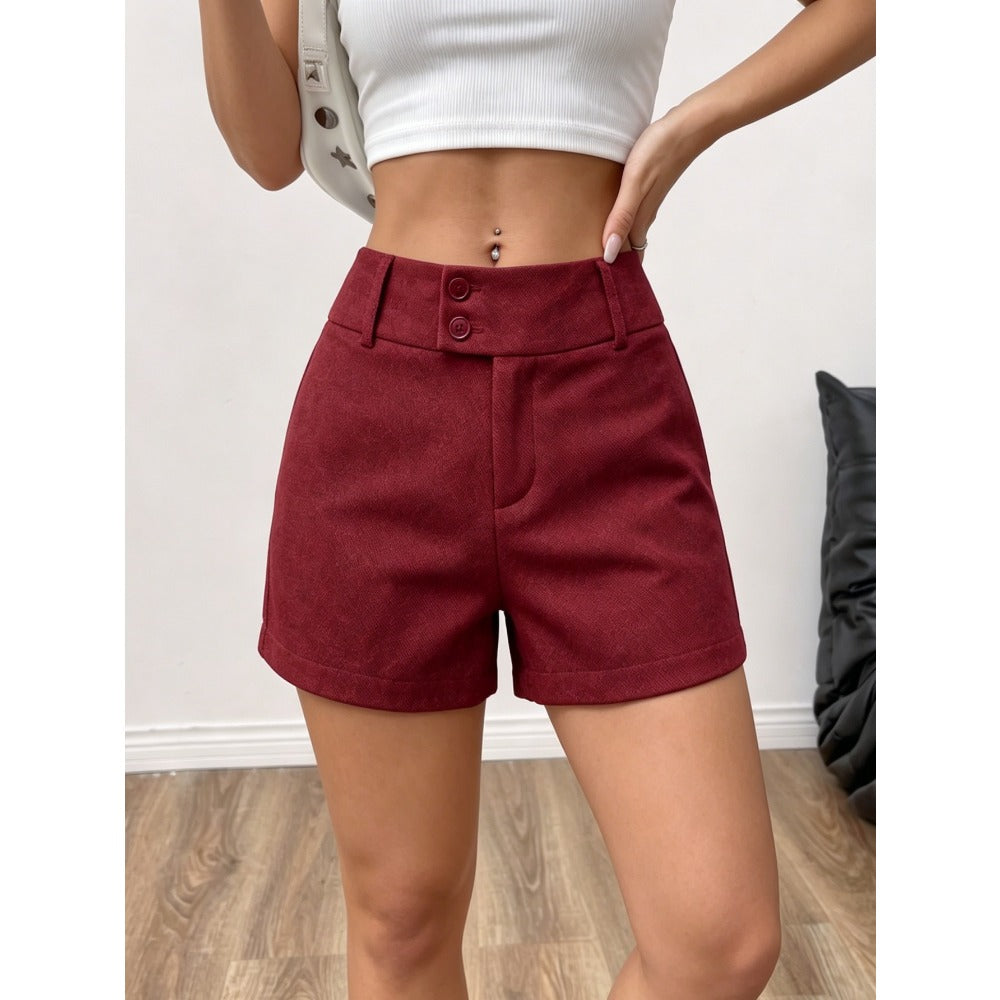 Vintage Women Red High Waist Double Button Straight Leg Shorts, Slim Fashion Casual Bottoms For Daily Outfits