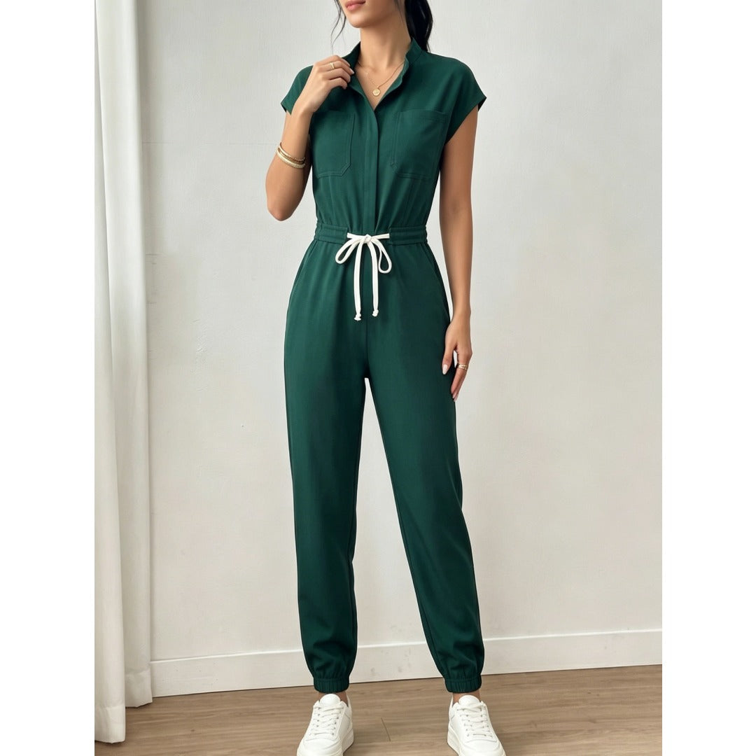Casual Women Solid Stand Collar Jogger Jumpsuit, Slim Simple One Piece Outfit For Daily Travel