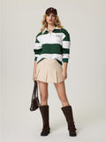 Women Campus Casual Striped Color Block Polo Half Zip Sweatshirt, Slim Versatile Long Sleeve Pullover For Daily School Wear