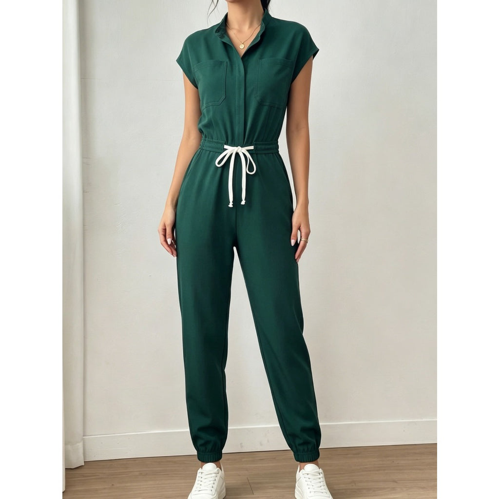 Casual Women Solid Stand Collar Jogger Jumpsuit, Slim Simple One Piece Outfit For Daily Travel