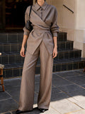 New Women Camel Striped Two Piece Outfit, Cross V Neck Lace Up Waist Blouse & High Waist Wide Leg Trousers, Elegant Commuter Suit