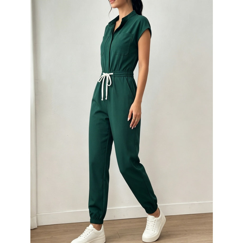 Casual Women Solid Stand Collar Jogger Jumpsuit, Slim Simple One Piece Outfit For Daily Travel