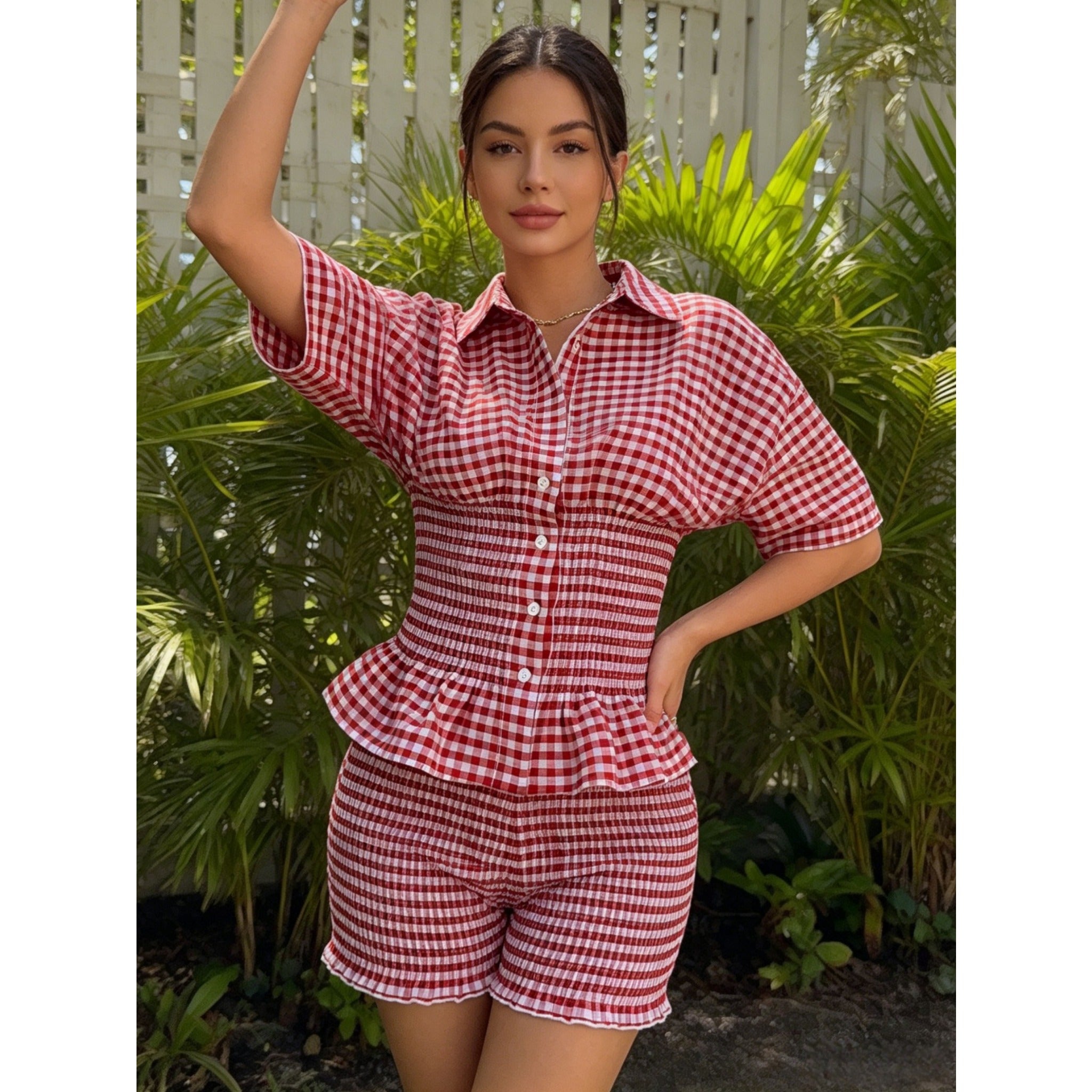 Yellow White Gingham Vacation Two Piece Outfit, Lapel Short Sleeve Shirred Slim Waist Matching Set For Travel Party