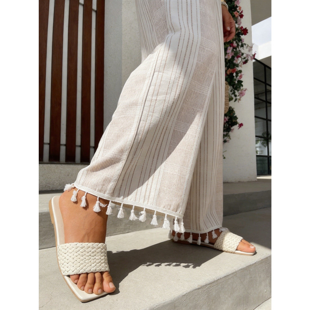 2026 New Summer Women White Brown Striped Strapless Tie Wide Leg Jumpsuit, Waist Cutout Tassel Hem Vacation Spicy Girl Romper