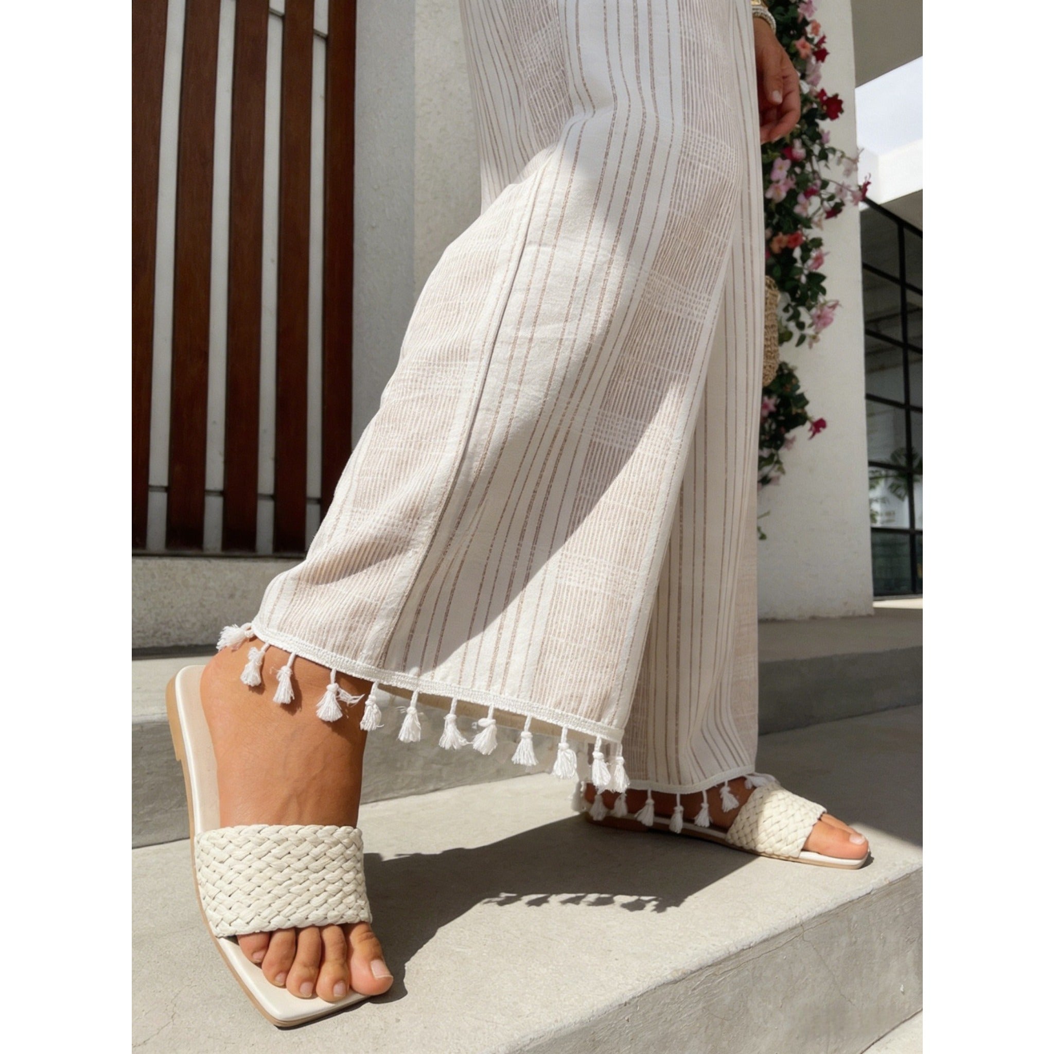 2026 New Summer Women White Brown Striped Strapless Tie Wide Leg Jumpsuit, Waist Cutout Tassel Hem Vacation Spicy Girl Romper