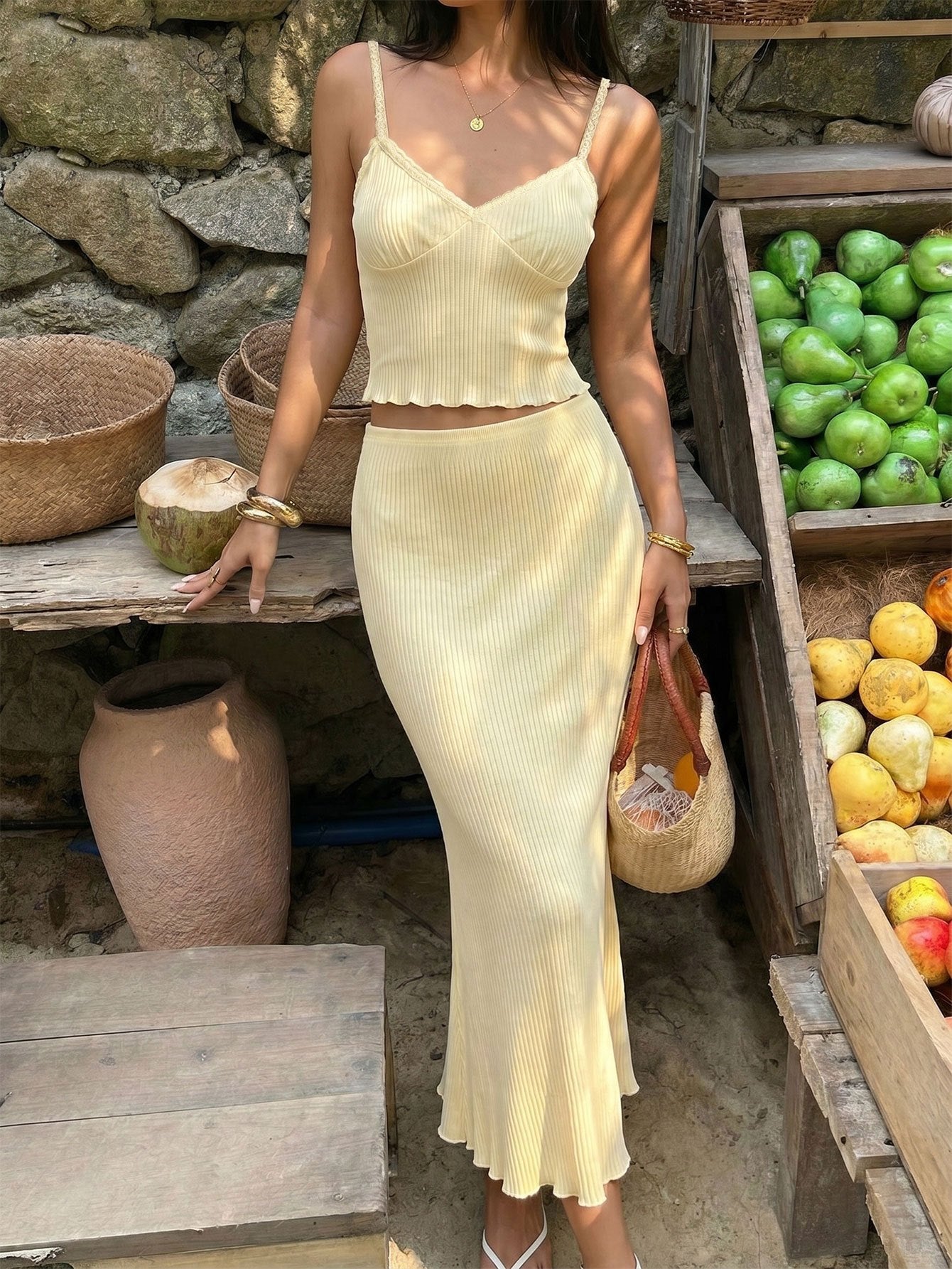 Soft Pure Desire Women 2 Piece Outfit, Solid Cami Slim Matching Set For Daily Commute Travel Party
