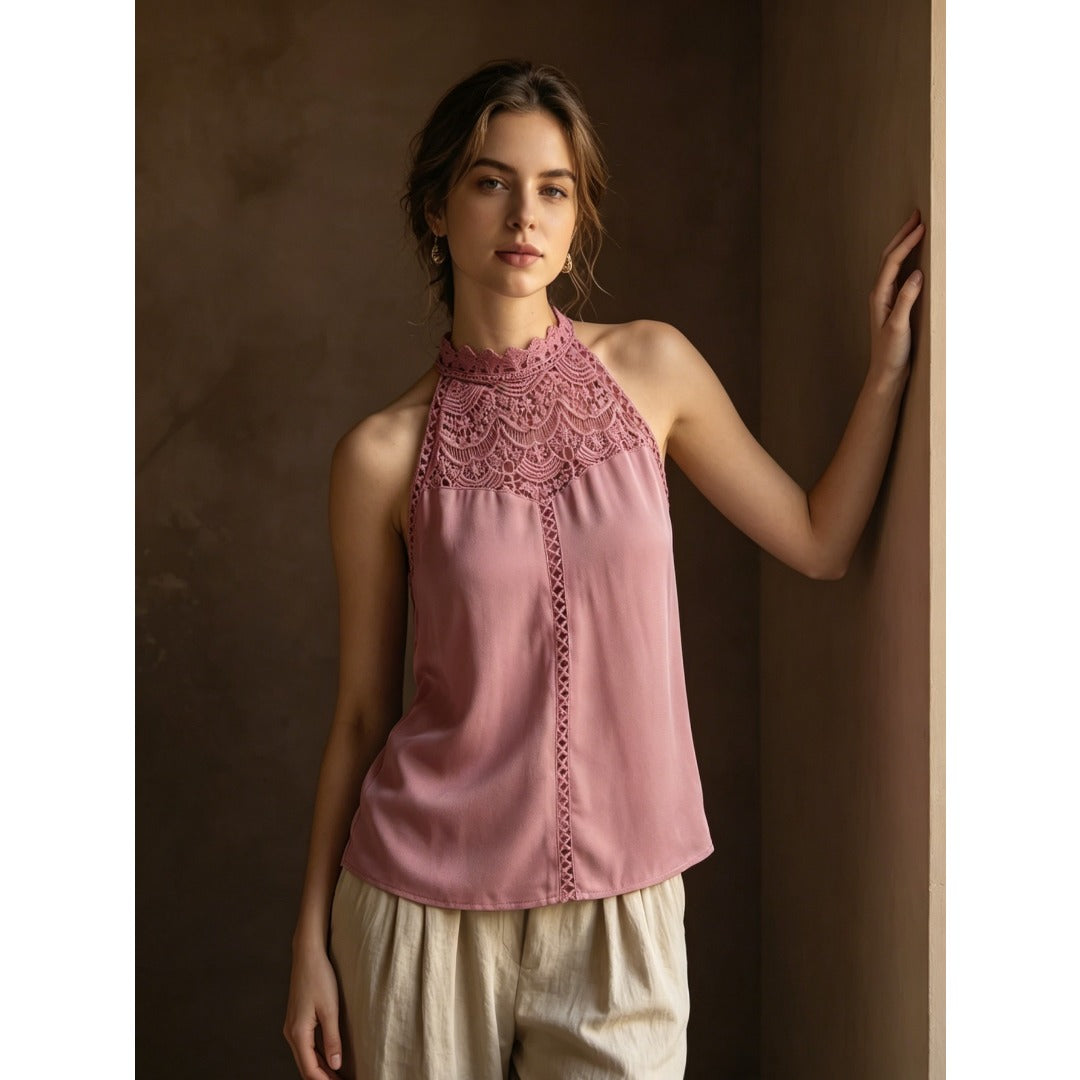 Soft Gentle Women Lace Patch Halter Sleeveless Top, Slim Blouse For Daily Commute Travel Party