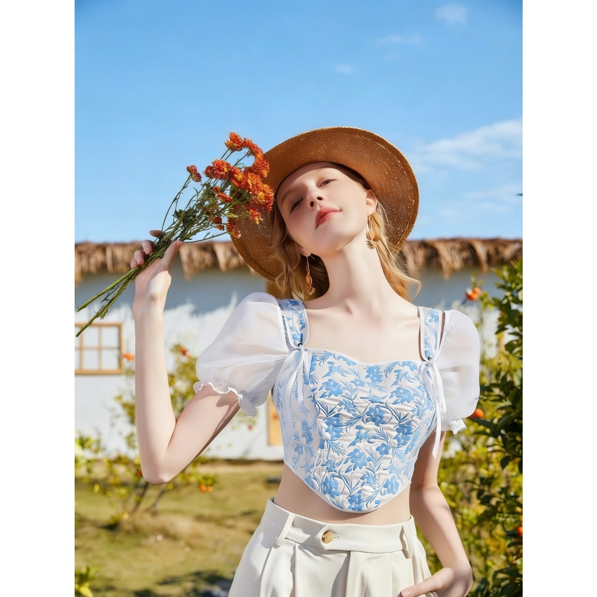 2026 New Summer Women Blue White Floral Square Neck Puff Sleeve Top, Pastoral Tie Waist Short Fishbone Corset, Sweet Girl Blouse For Inner & Outer Wear