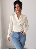 Elegant Women Solid Beaded V Neck Long Sleeve Blouse, Slim Fashion Commuter Shirt For Daily Office & Party