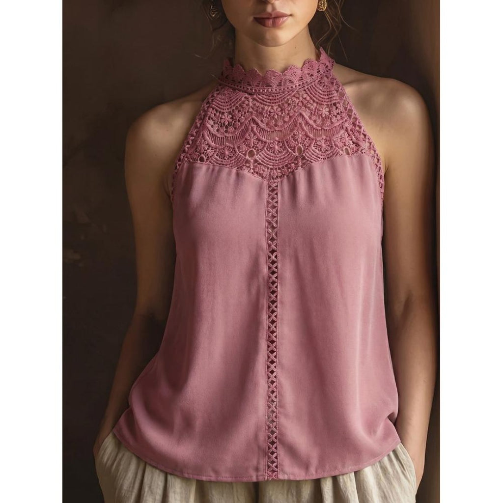 Soft Gentle Women Lace Patch Halter Sleeveless Top, Slim Blouse For Daily Commute Travel Party