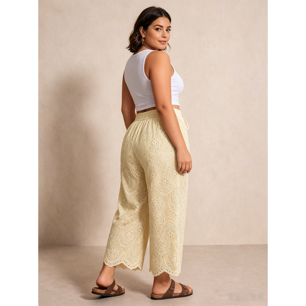 Breathable Hollow Embroidery Drawstring High Waist Wide Leg Plus Size Cropped Pants For Vacation Daily Party