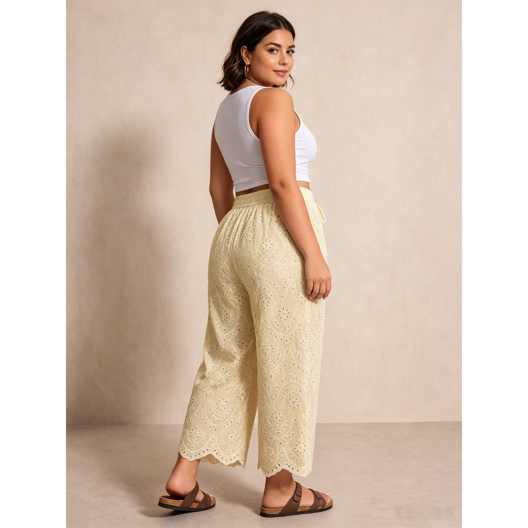 Breathable Hollow Embroidery Drawstring High Waist Wide Leg Plus Size Cropped Pants For Vacation Daily Party