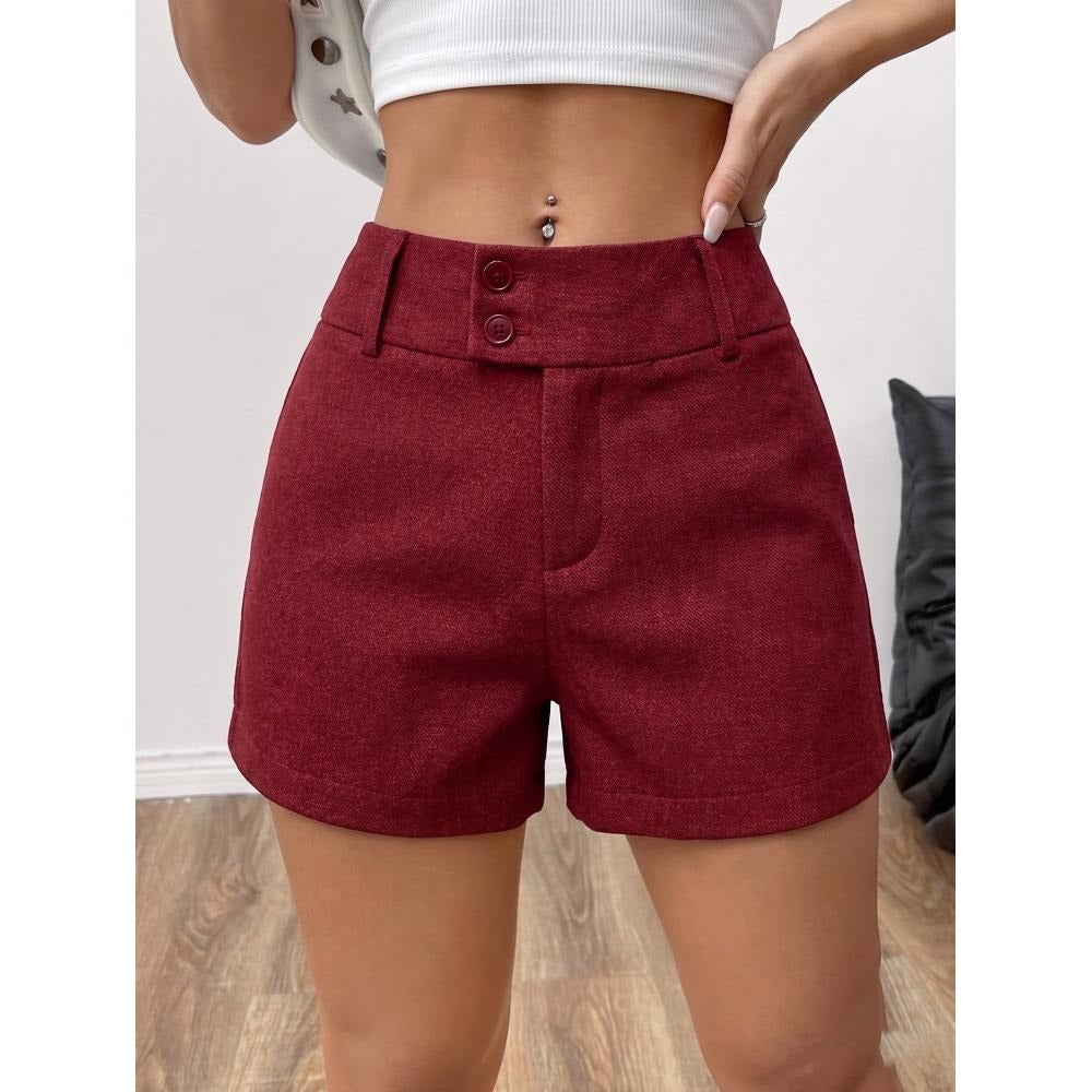 Vintage Women Red High Waist Double Button Straight Leg Shorts, Slim Fashion Casual Bottoms For Daily Outfits