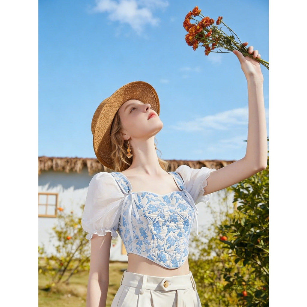 2026 New Summer Women Blue White Floral Square Neck Puff Sleeve Top, Pastoral Tie Waist Short Fishbone Corset, Sweet Girl Blouse For Inner & Outer Wear