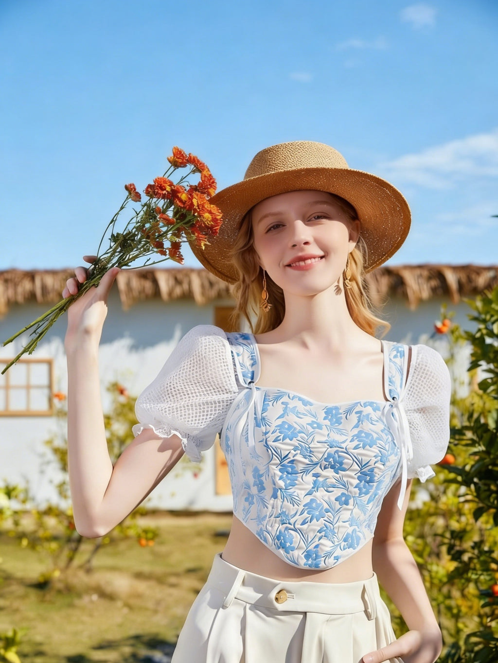 2026 New Summer Women Blue White Floral Square Neck Puff Sleeve Top, Pastoral Tie Waist Short Fishbone Corset, Sweet Girl Blouse For Inner & Outer Wear