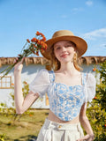 2026 New Summer Women Blue White Floral Square Neck Puff Sleeve Top, Pastoral Tie Waist Short Fishbone Corset, Sweet Girl Blouse For Inner & Outer Wear