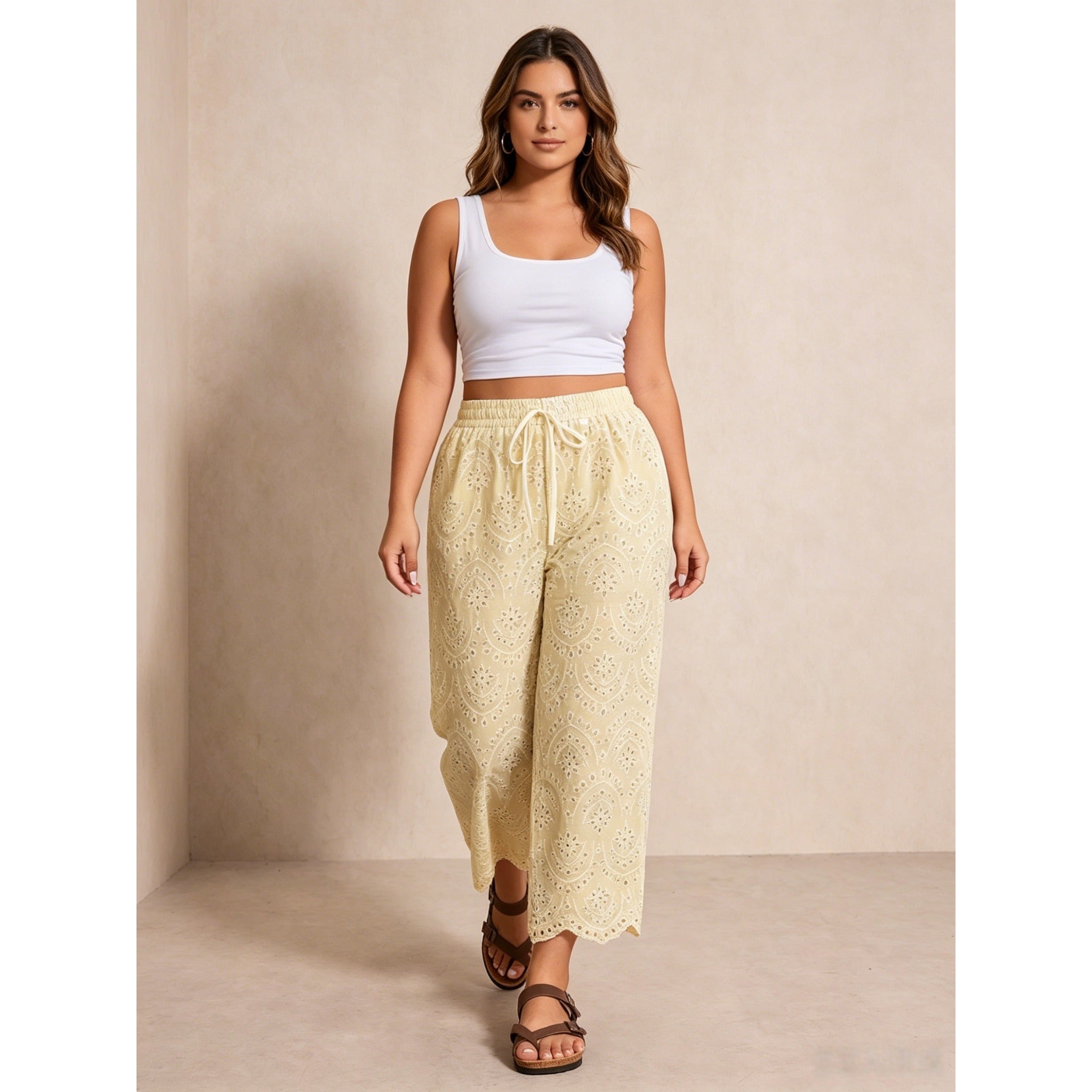Breathable Hollow Embroidery Drawstring High Waist Wide Leg Plus Size Cropped Pants For Vacation Daily Party