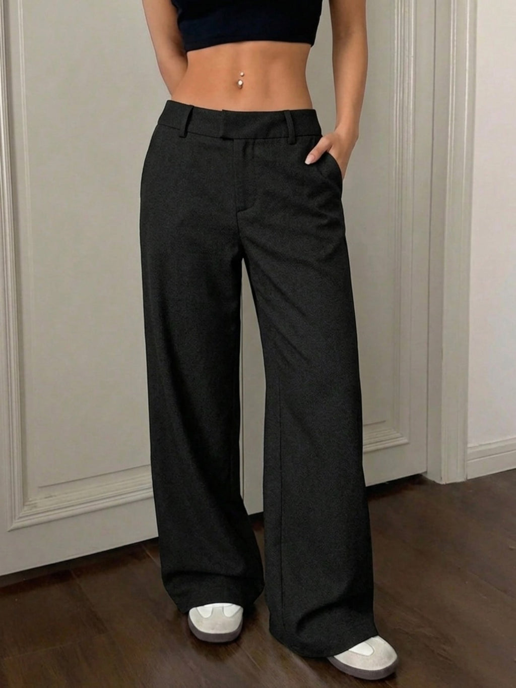 Commuter Style Women Solid High Waist Wide Leg Dress Pants, Slim Flowy Casual Trousers For Daily Office Wear