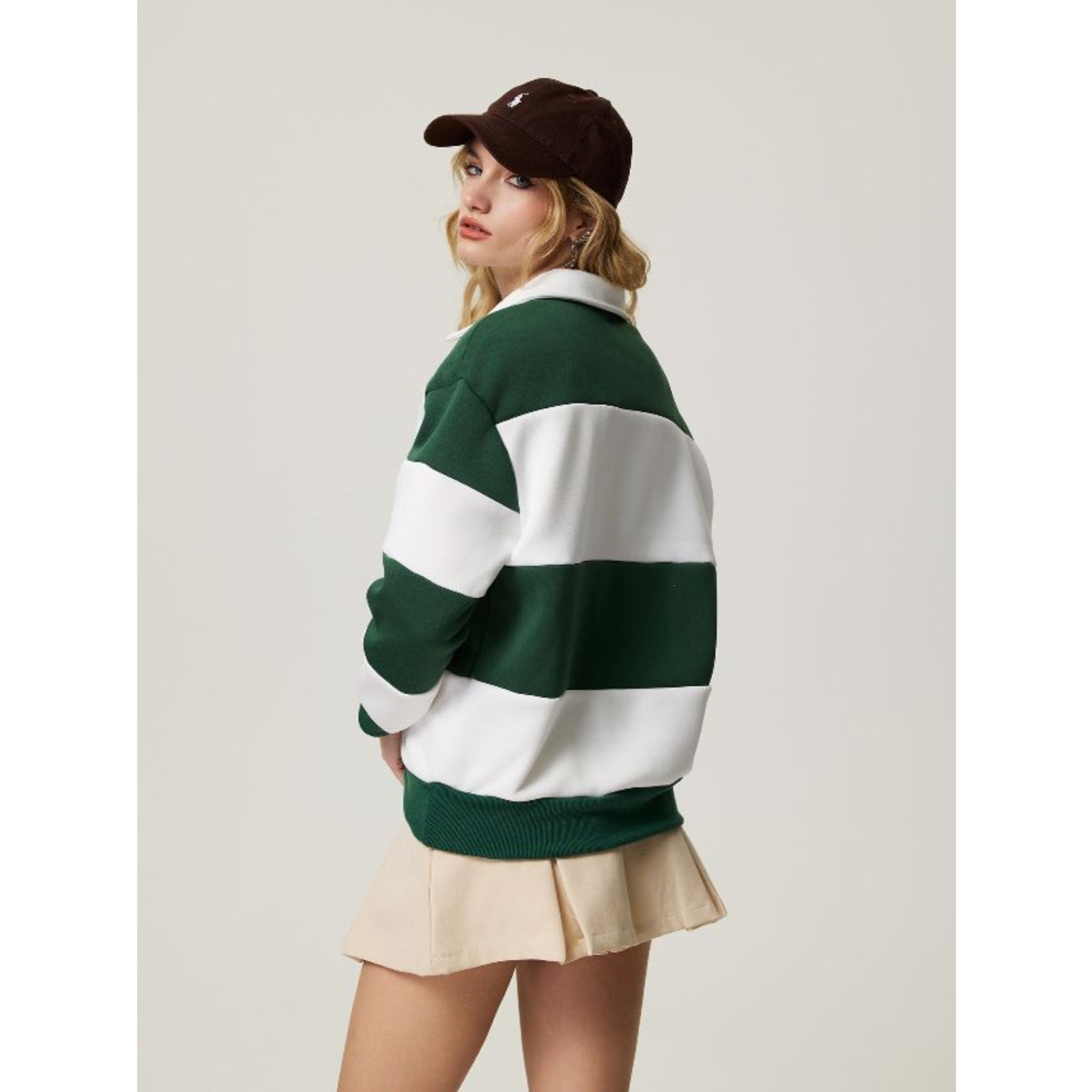 Women Campus Casual Striped Color Block Polo Half Zip Sweatshirt, Slim Versatile Long Sleeve Pullover For Daily School Wear