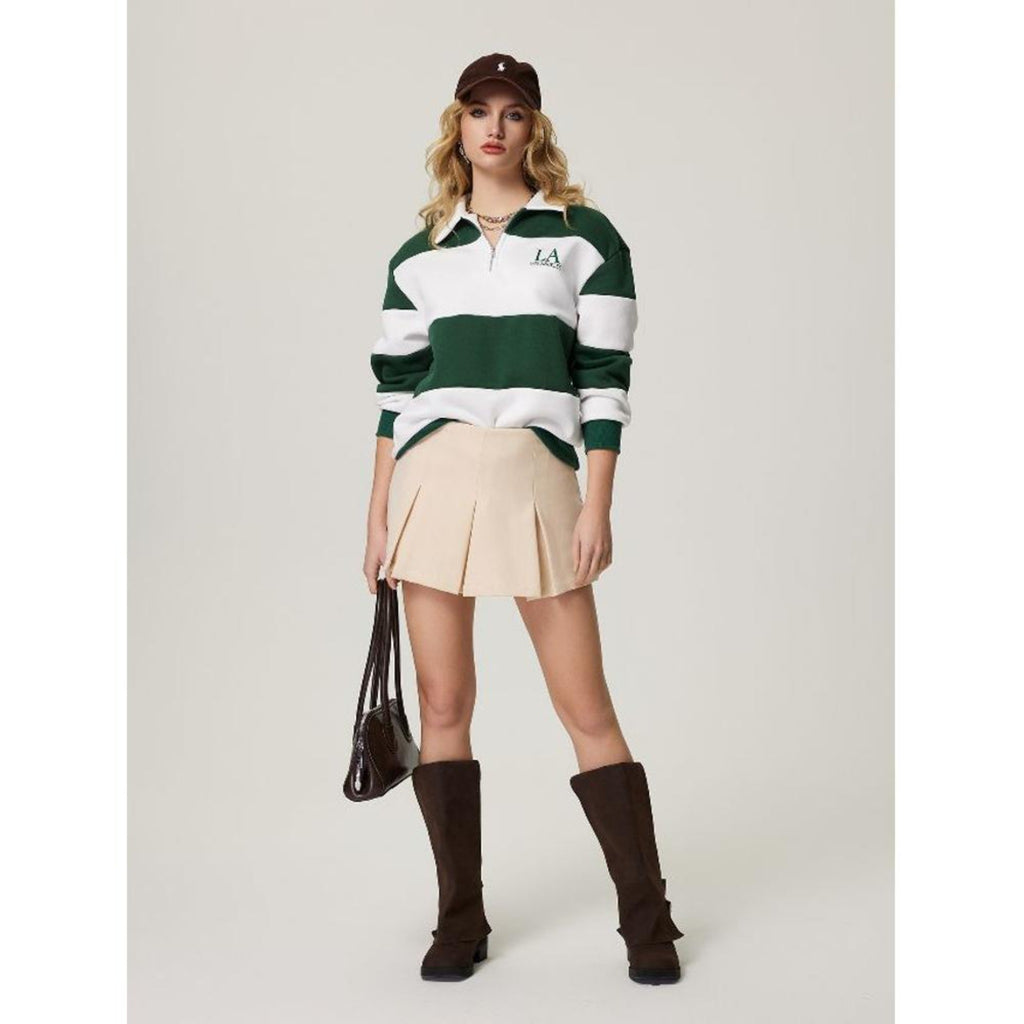 Women Campus Casual Striped Color Block Polo Half Zip Sweatshirt, Slim Versatile Long Sleeve Pullover For Daily School Wear