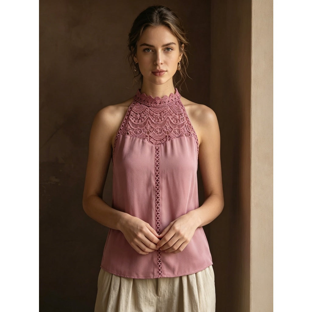 Soft Gentle Women Lace Patch Halter Sleeveless Top, Slim Blouse For Daily Commute Travel Party