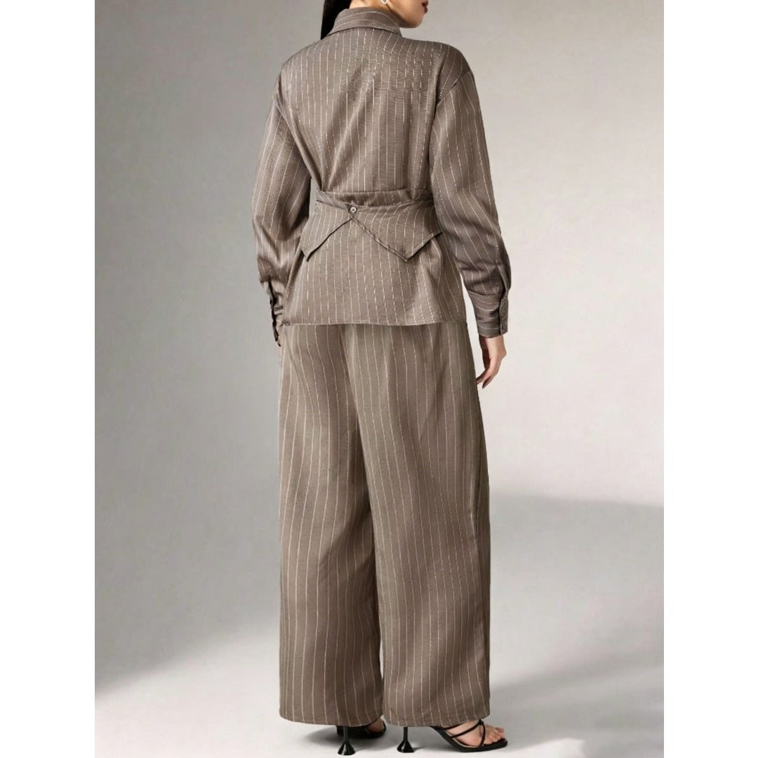 New Women Camel Striped Two Piece Outfit, Cross V Neck Lace Up Waist Blouse & High Waist Wide Leg Trousers, Elegant Commuter Suit
