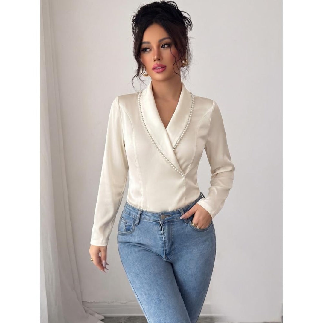 Elegant Women Solid Beaded V Neck Long Sleeve Blouse, Slim Fashion Commuter Shirt For Daily Office & Party