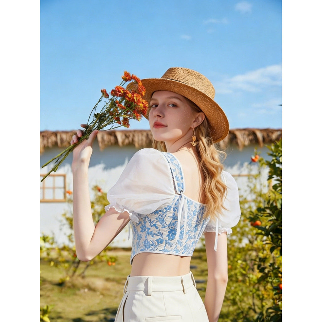 2026 New Summer Women Blue White Floral Square Neck Puff Sleeve Top, Pastoral Tie Waist Short Fishbone Corset, Sweet Girl Blouse For Inner & Outer Wear