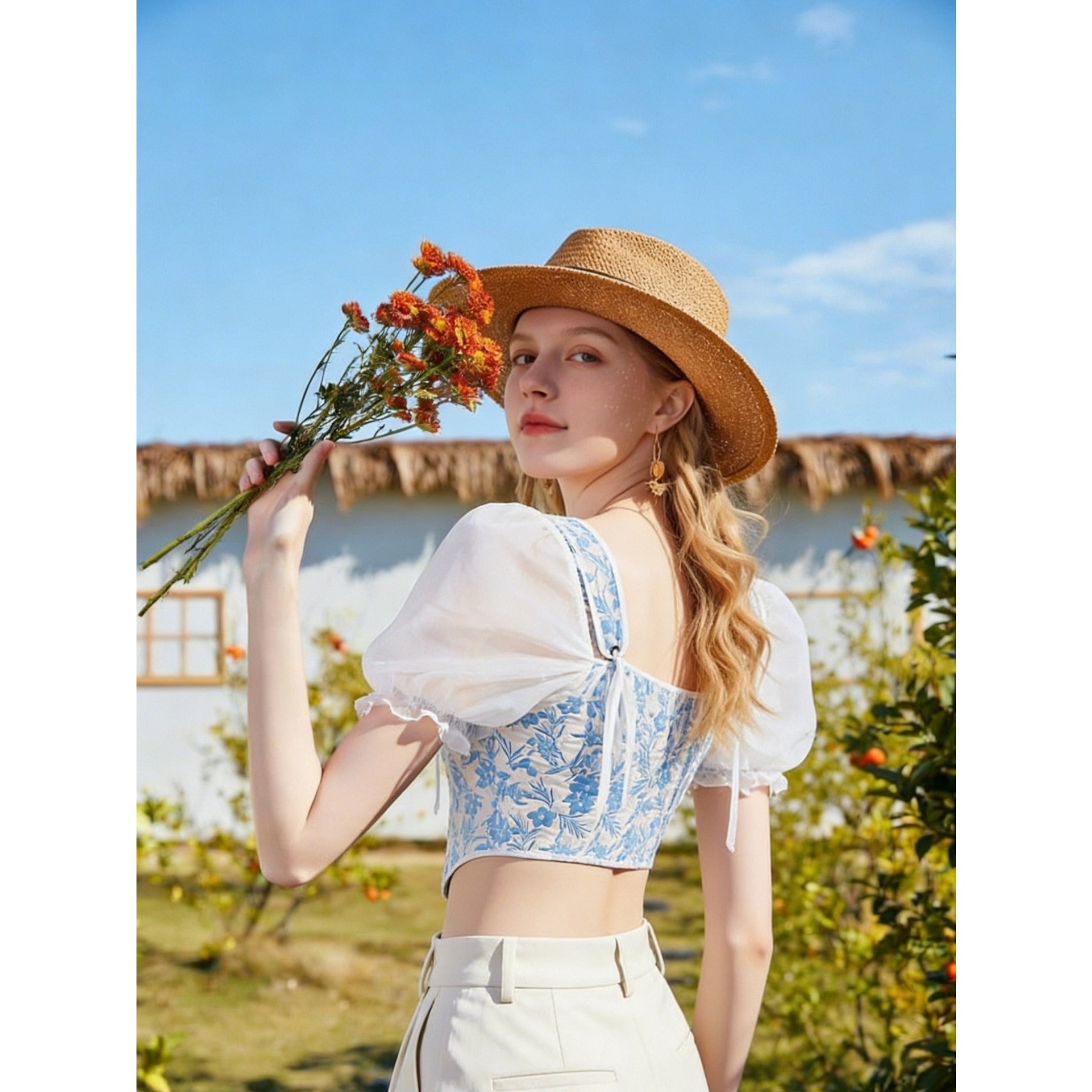 2026 New Summer Women Blue White Floral Square Neck Puff Sleeve Top, Pastoral Tie Waist Short Fishbone Corset, Sweet Girl Blouse For Inner & Outer Wear