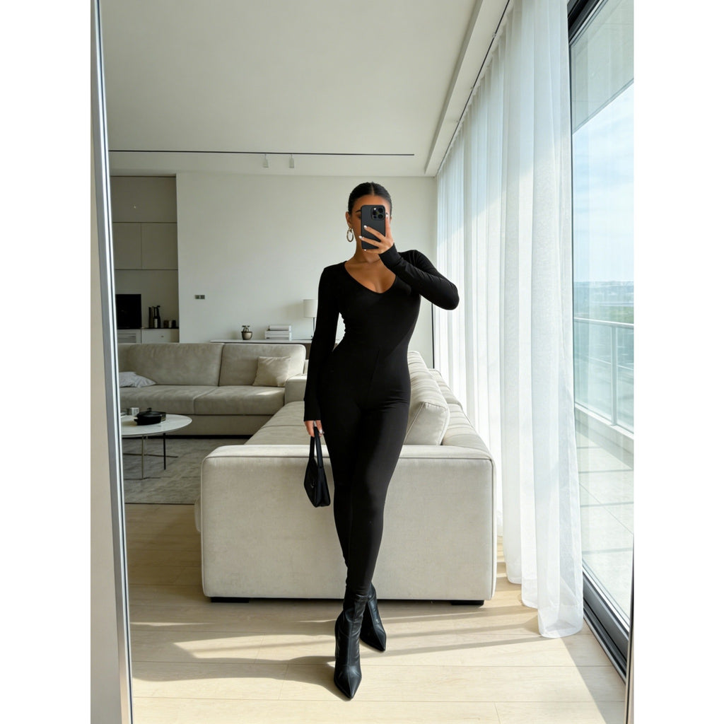 2026 New Spring Women Black V Neck Long Sleeve Jumpsuit, Slim Fit Spicy Girl Bodycon Romper