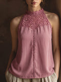 Soft Gentle Women Lace Patch Halter Sleeveless Top, Slim Blouse For Daily Commute Travel Party