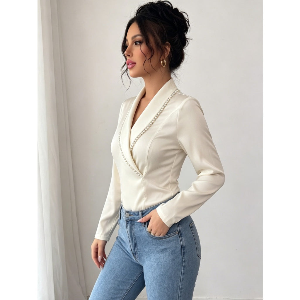 Elegant Women Solid Beaded V Neck Long Sleeve Blouse, Slim Fashion Commuter Shirt For Daily Office & Party