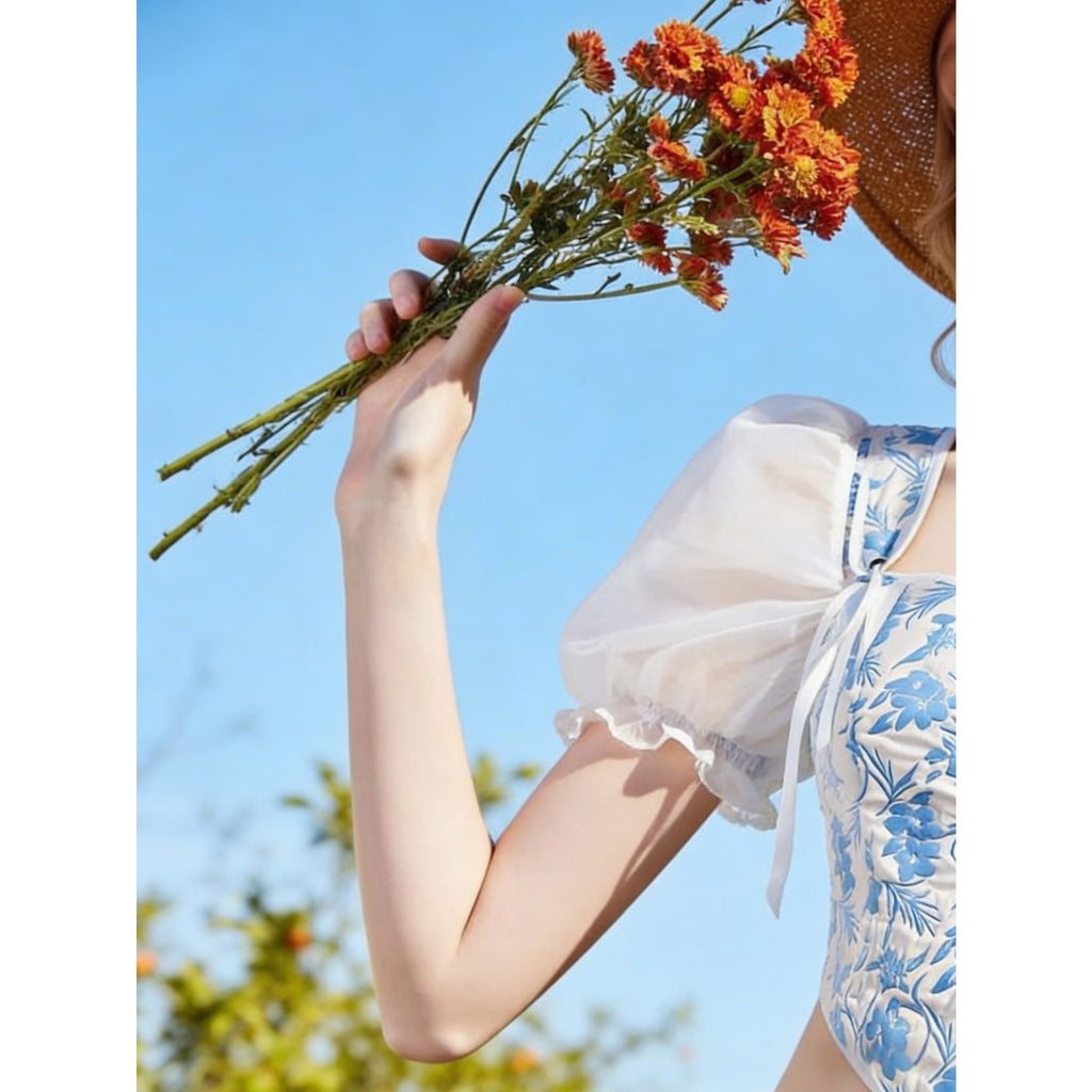 2026 New Summer Women Blue White Floral Square Neck Puff Sleeve Top, Pastoral Tie Waist Short Fishbone Corset, Sweet Girl Blouse For Inner & Outer Wear