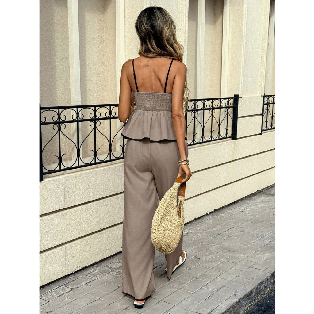 Grey Coffee Color Block Black Trim Cami Two Piece Set, Waist Ruffle Hem Thin Strap Back Elastic High Waist Draped Wide Leg Pants Vacation Outfit