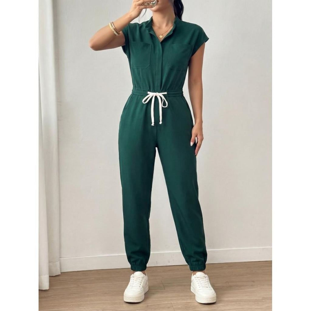 Casual Women Solid Stand Collar Jogger Jumpsuit, Slim Simple One Piece Outfit For Daily Travel