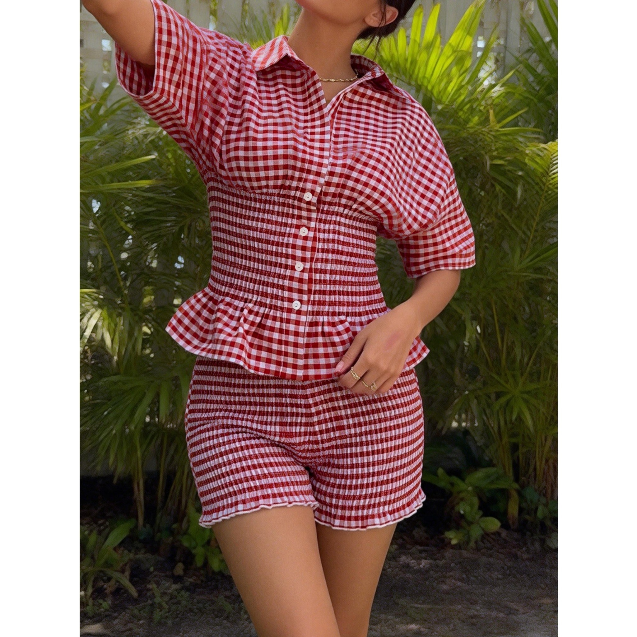 Yellow White Gingham Vacation Two Piece Outfit, Lapel Short Sleeve Shirred Slim Waist Matching Set For Travel Party