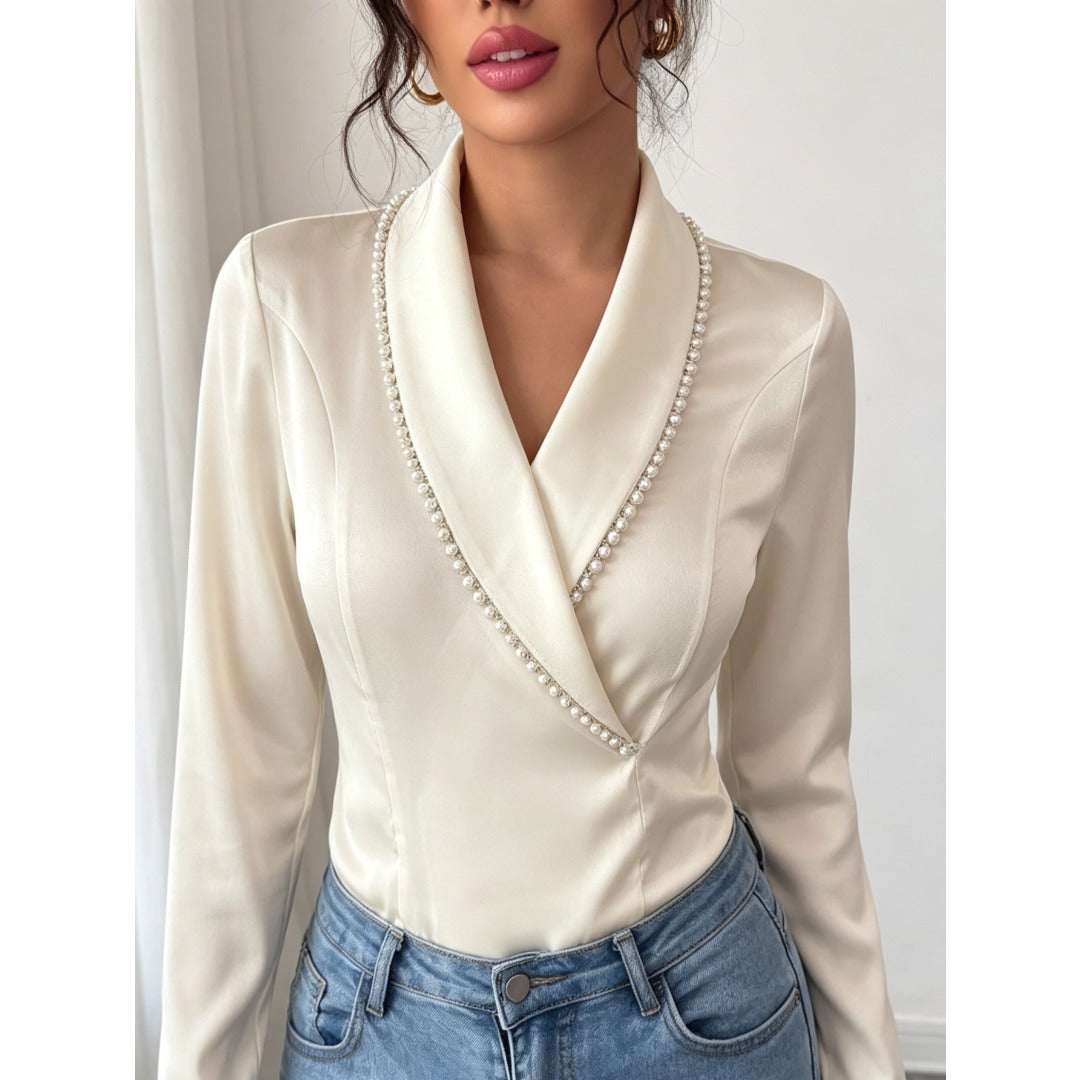 Elegant Women Solid Beaded V Neck Long Sleeve Blouse, Slim Fashion Commuter Shirt For Daily Office & Party