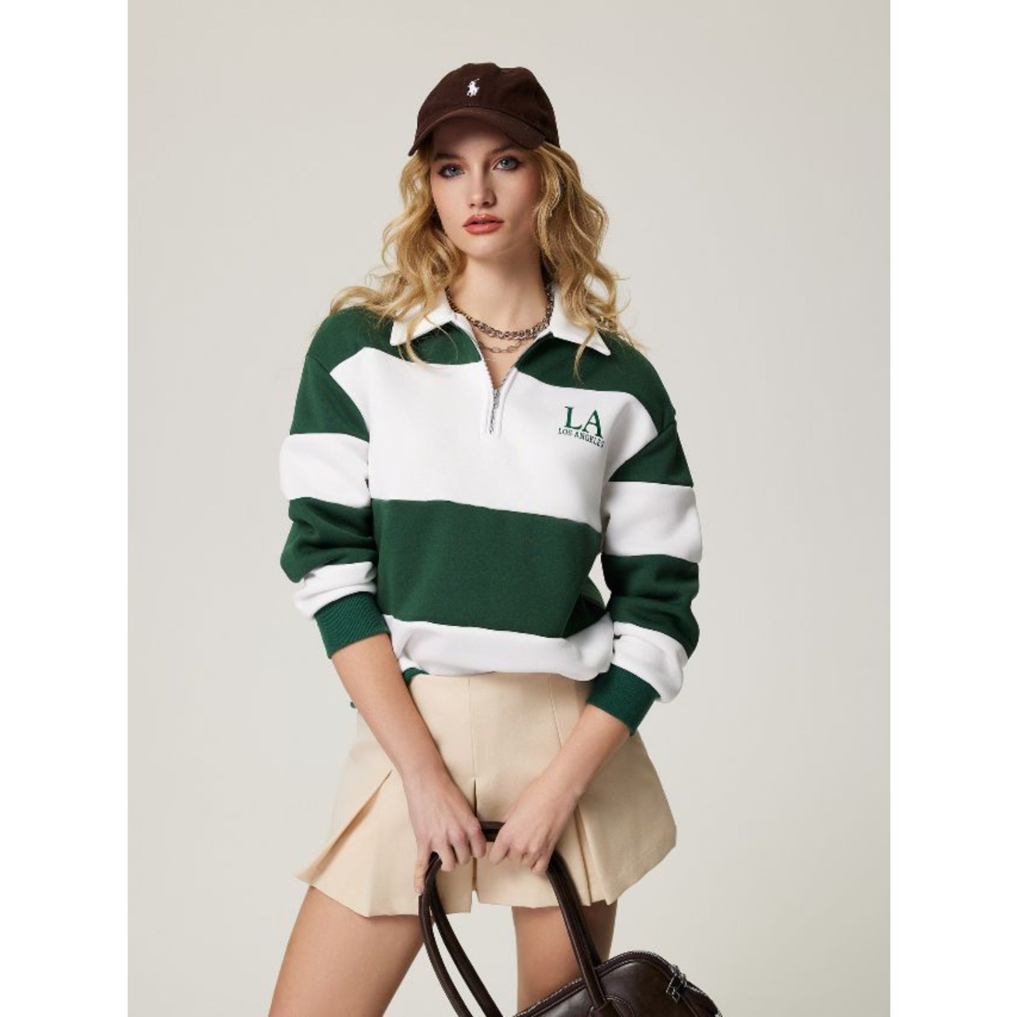 Women Campus Casual Striped Color Block Polo Half Zip Sweatshirt, Slim Versatile Long Sleeve Pullover For Daily School Wear