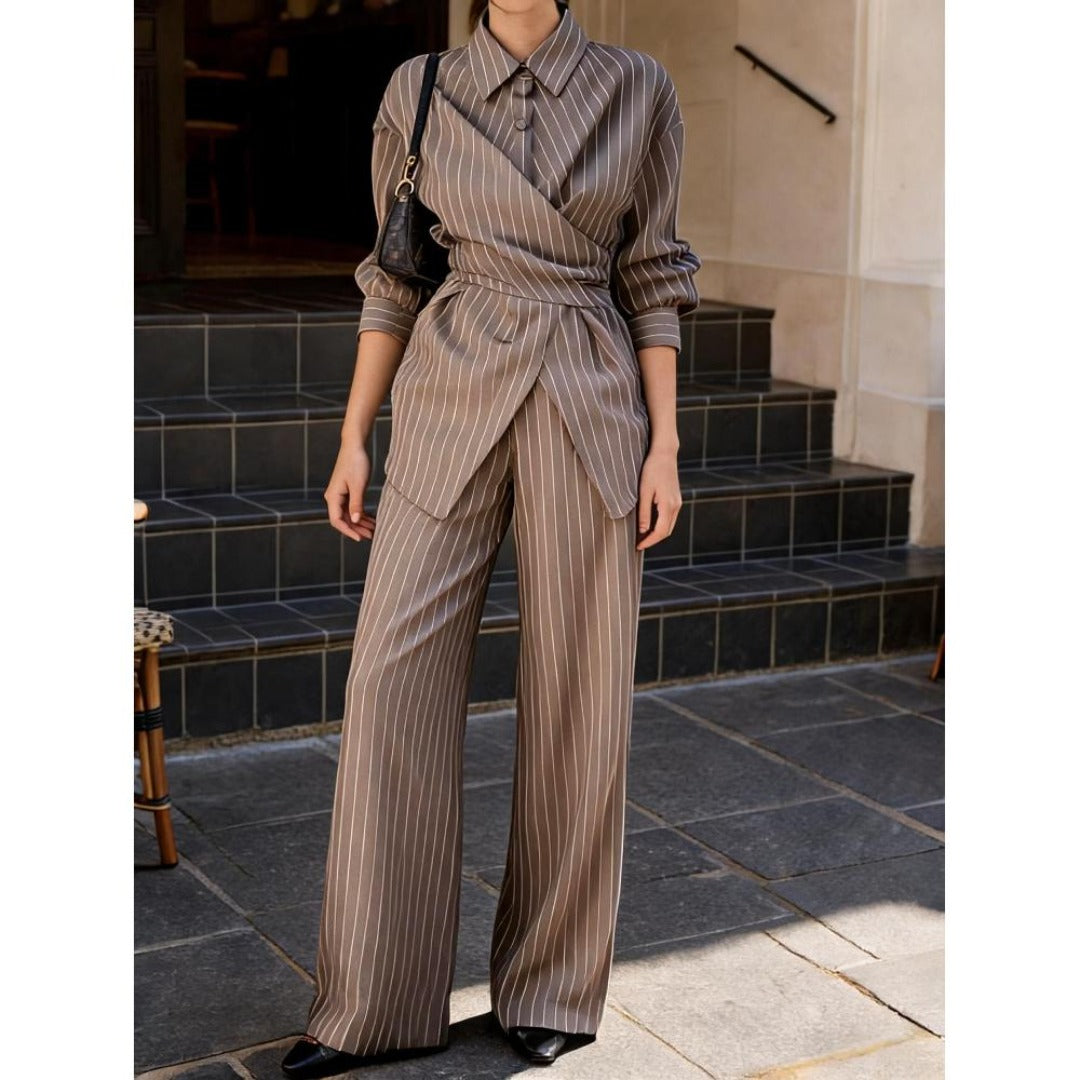 New Women Camel Striped Two Piece Outfit, Cross V Neck Lace Up Waist Blouse & High Waist Wide Leg Trousers, Elegant Commuter Suit