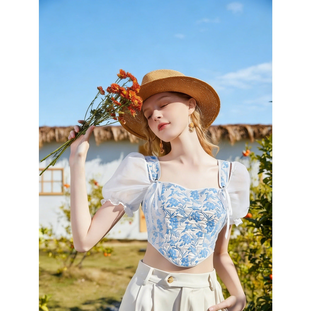 2026 New Summer Women Blue White Floral Square Neck Puff Sleeve Top, Pastoral Tie Waist Short Fishbone Corset, Sweet Girl Blouse For Inner & Outer Wear