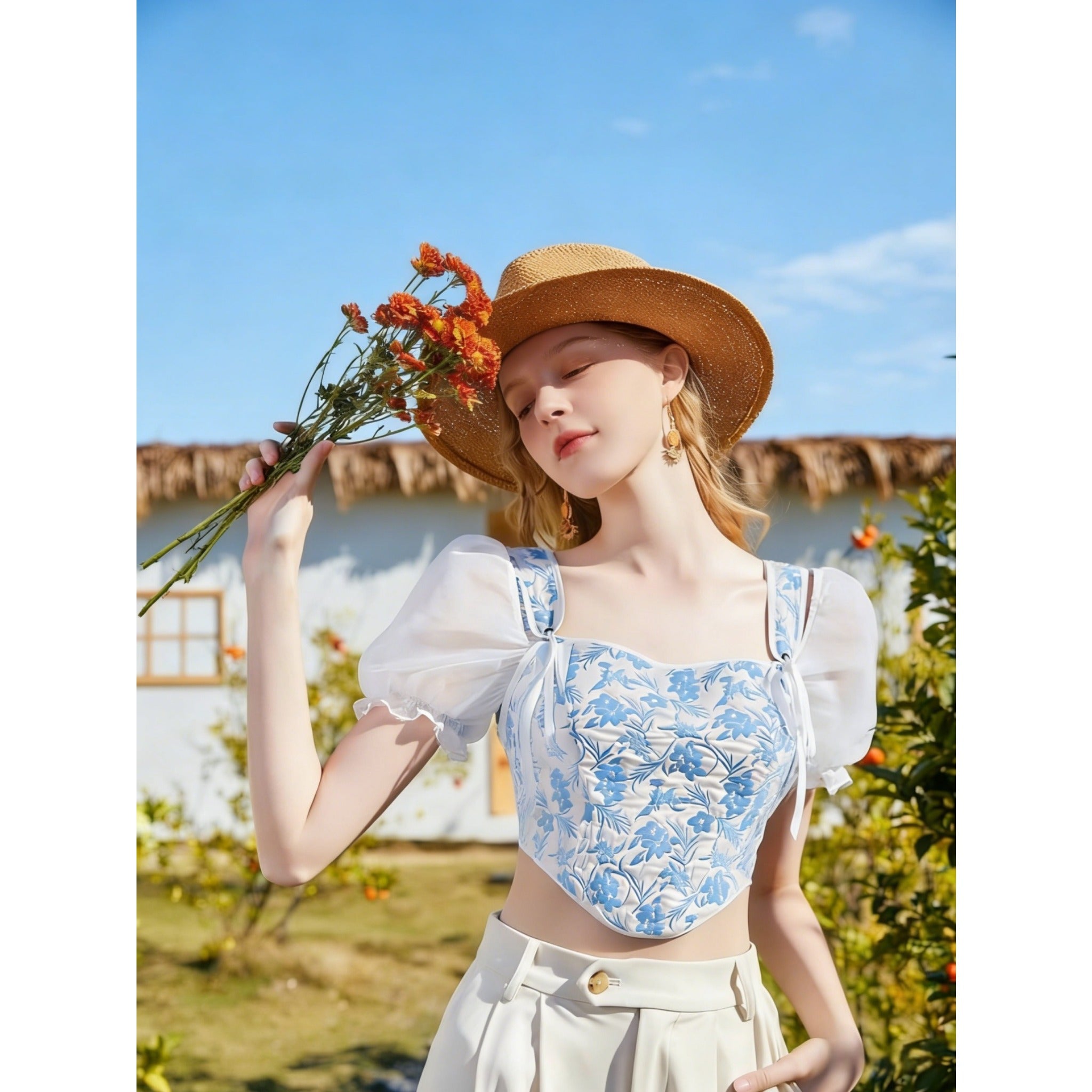 2026 New Summer Women Blue White Floral Square Neck Puff Sleeve Top, Pastoral Tie Waist Short Fishbone Corset, Sweet Girl Blouse For Inner & Outer Wear