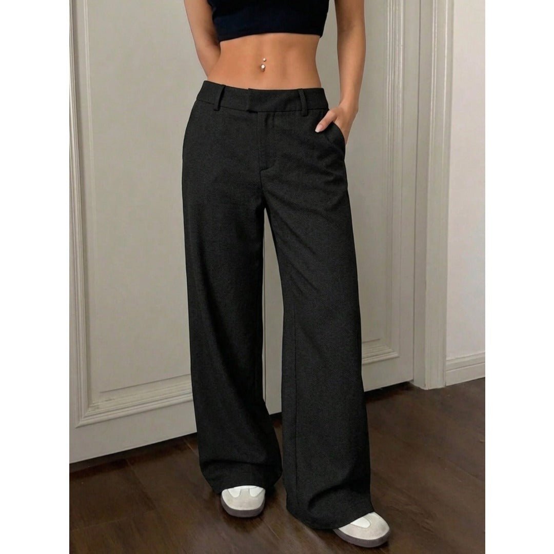 Commuter Style Women Solid High Waist Wide Leg Dress Pants, Slim Flowy Casual Trousers For Daily Office Wear