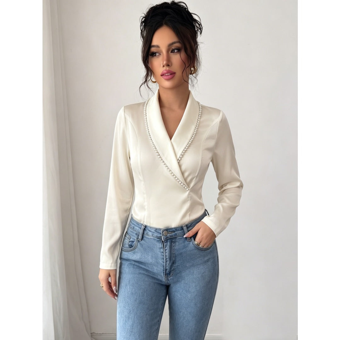 Elegant Women Solid Beaded V Neck Long Sleeve Blouse, Slim Fashion Commuter Shirt For Daily Office & Party