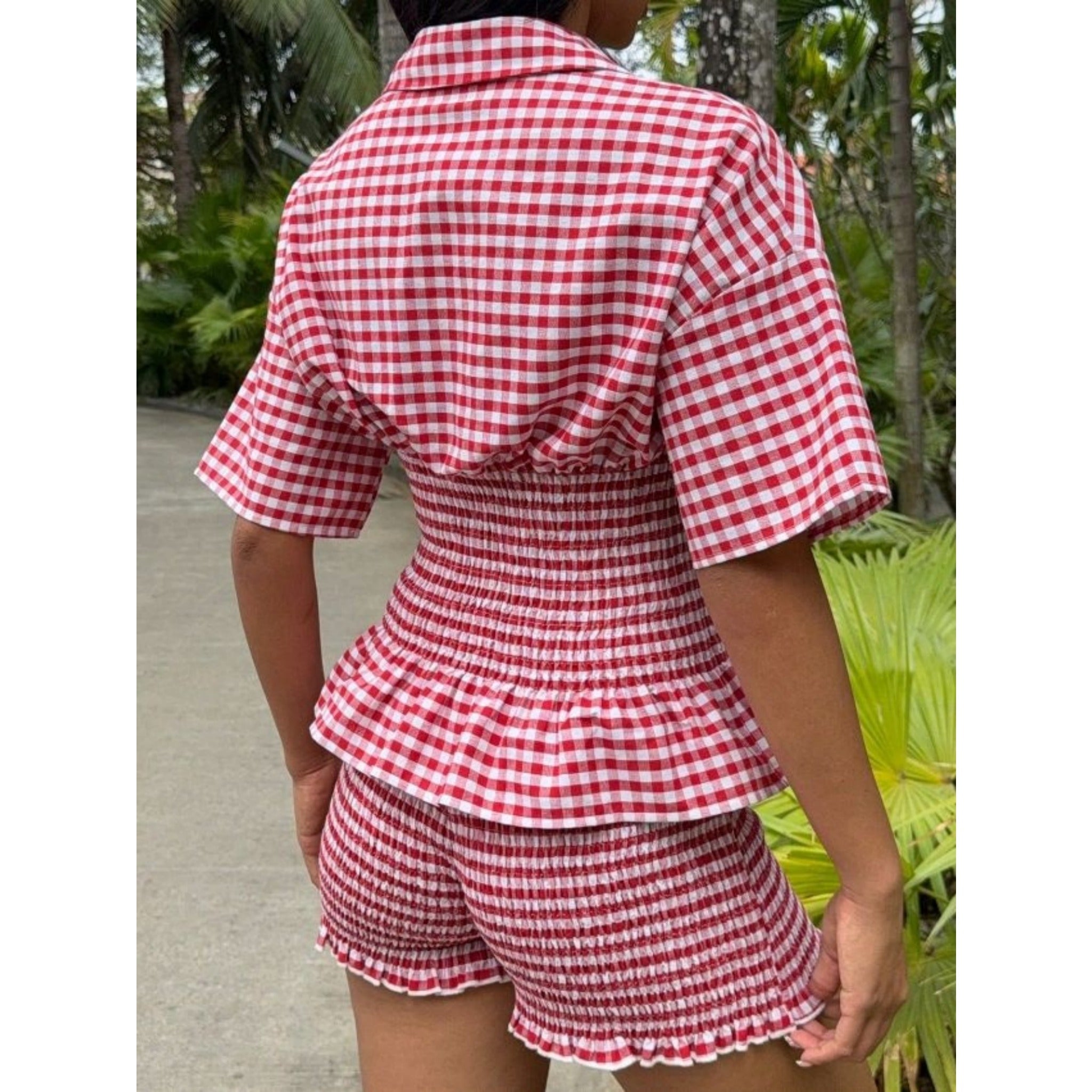 Yellow White Gingham Vacation Two Piece Outfit, Lapel Short Sleeve Shirred Slim Waist Matching Set For Travel Party